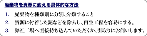 1.　廃棄物を種類別に分別、分類すること2.　廃棄物に付着した泥などを除去し、再生工程を容易にする。3.　弊社工場へ直接持ち込み、回収運送費を節約する。